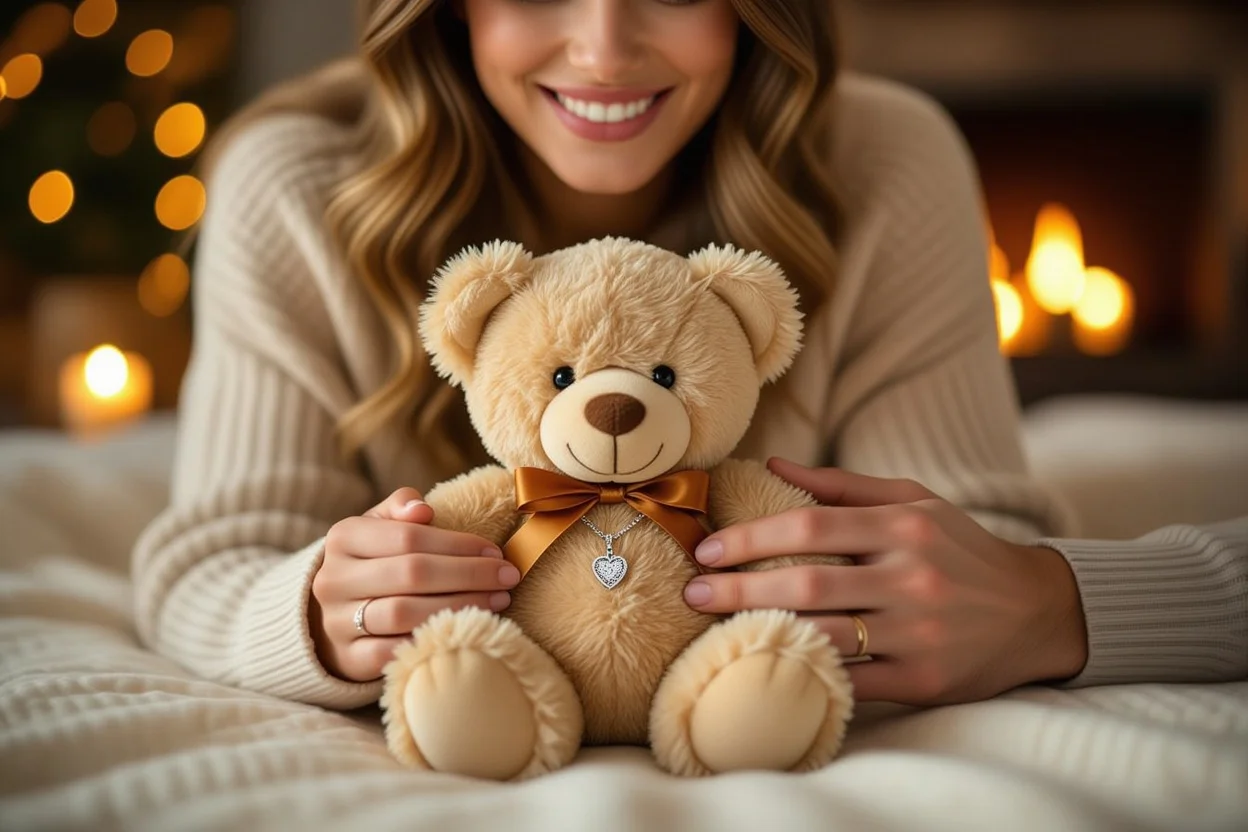 Couple discovering hidden necklace surprise in romantic teddy bear apology gift