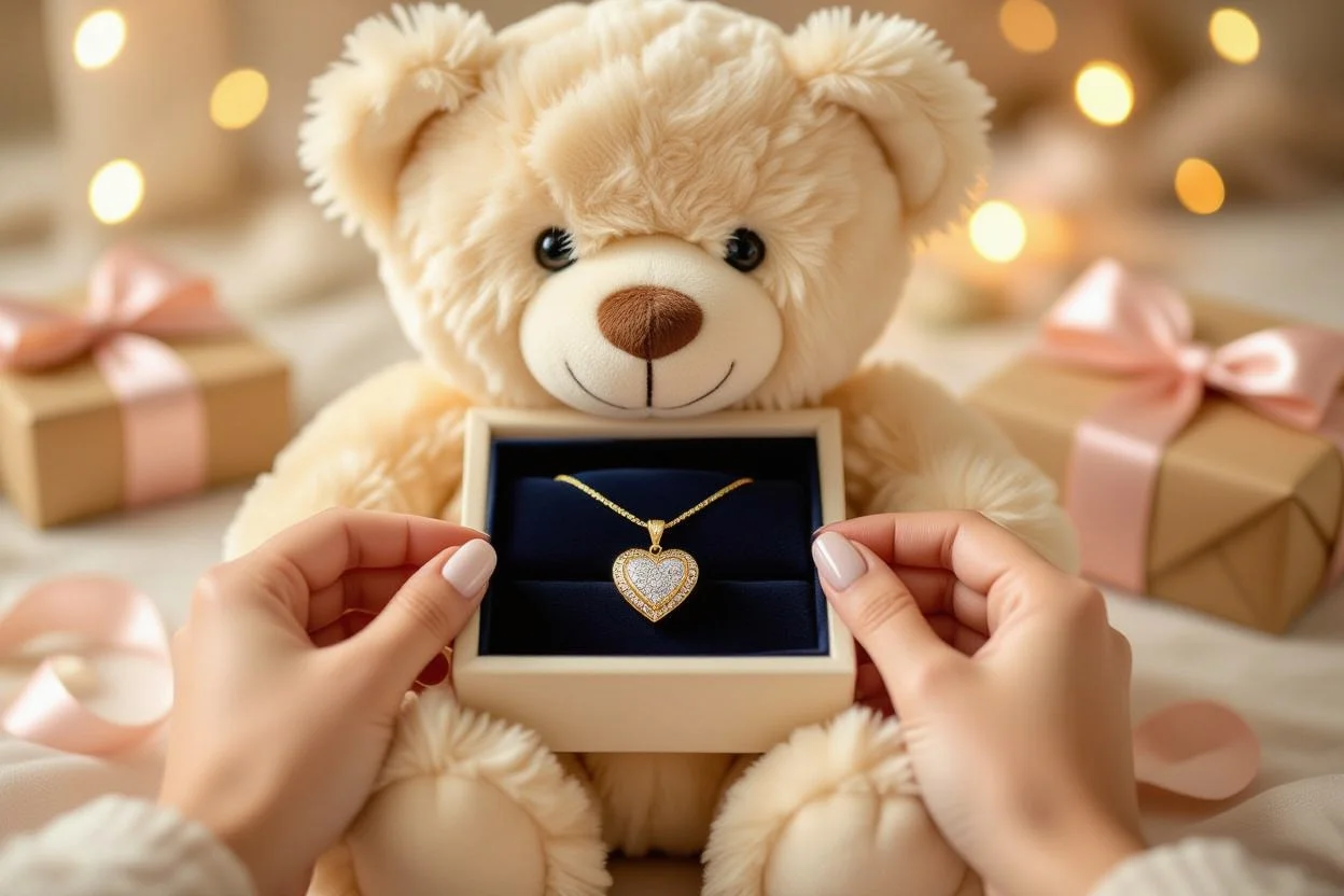 Close-up of hidden necklace compartment being opened in romantic teddy bear surprise gift