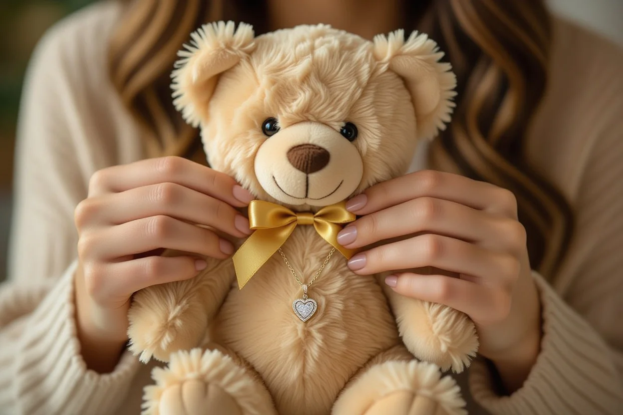 Woman discovering hidden necklace surprise inside teddy bear gift