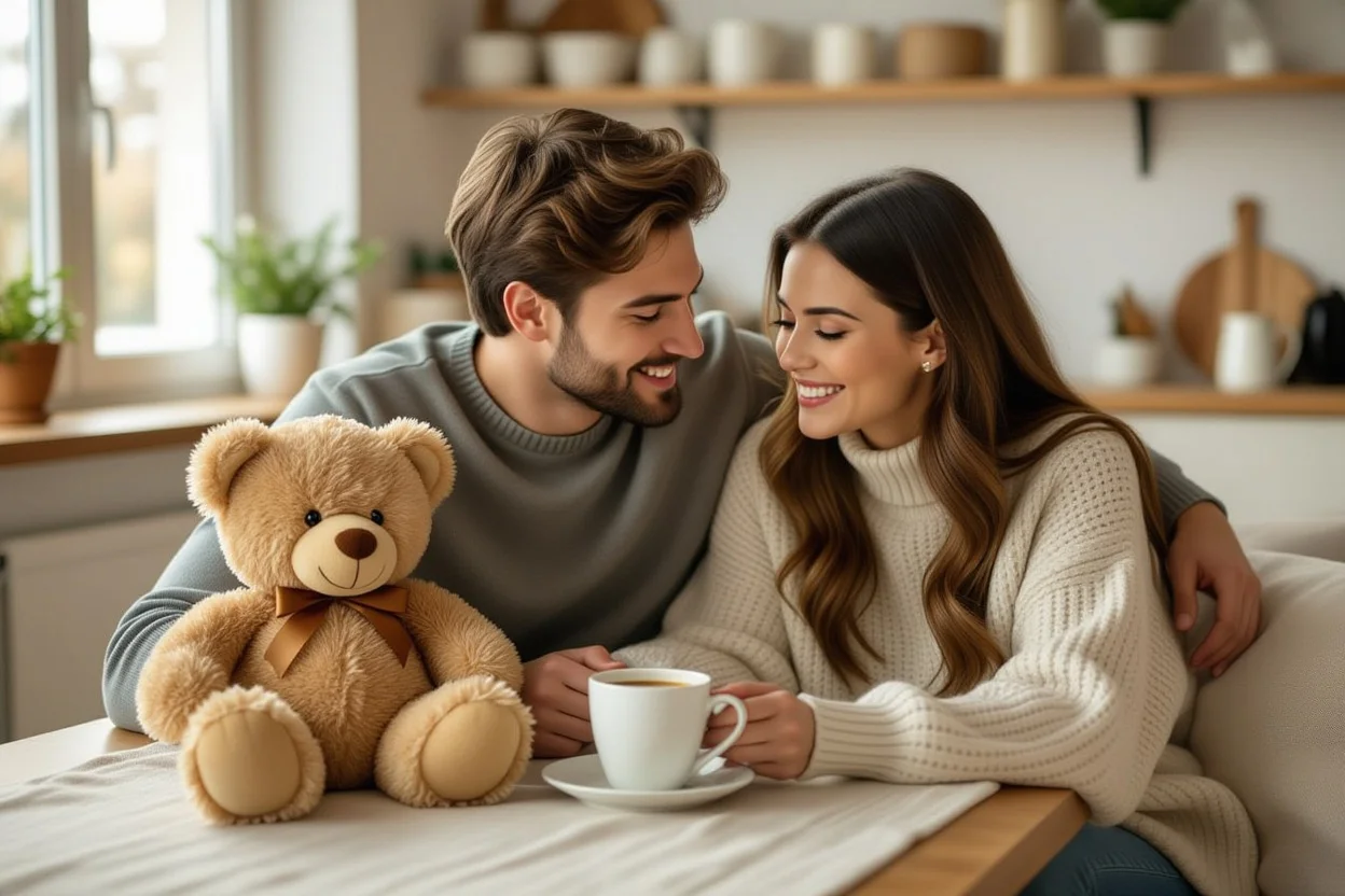 Couple enjoying thoughtful romantic gift moment on ordinary day