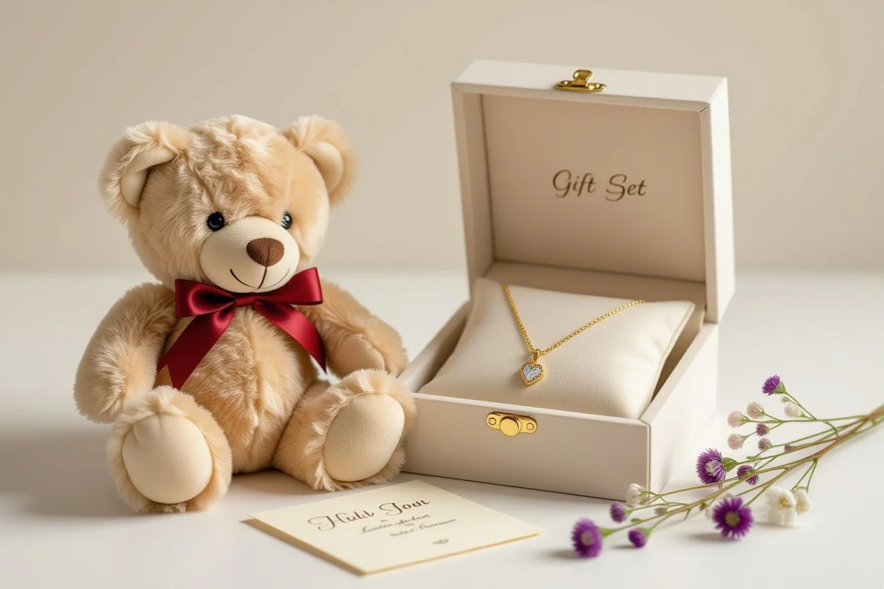Romantic teddy bear gift set with hidden necklace surprise flat lay display