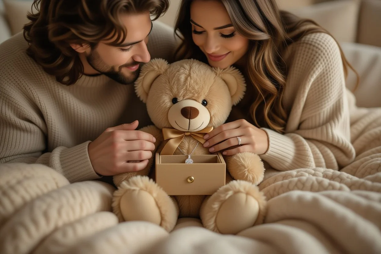 Couple discovering hidden necklace surprise in teddy bear gift