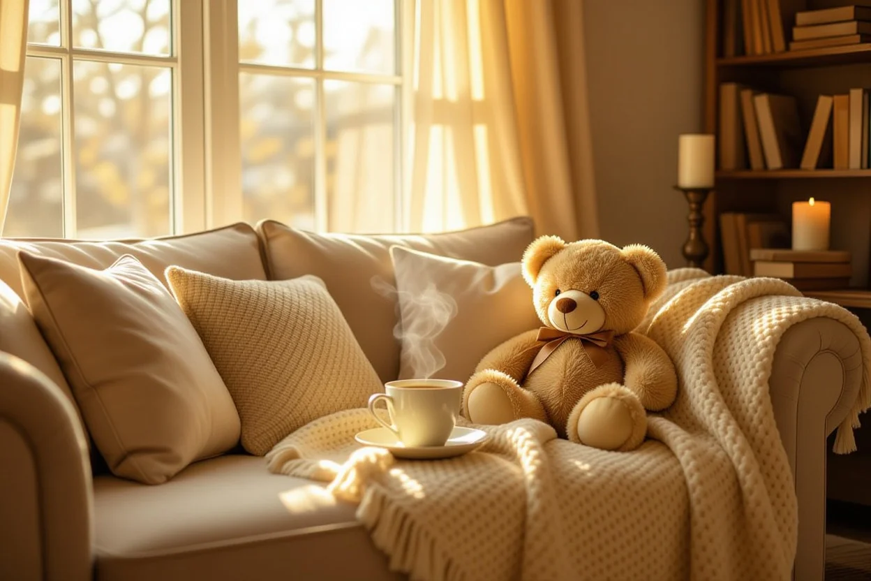 Cozy romantic living room setting with teddy bear surprise gift