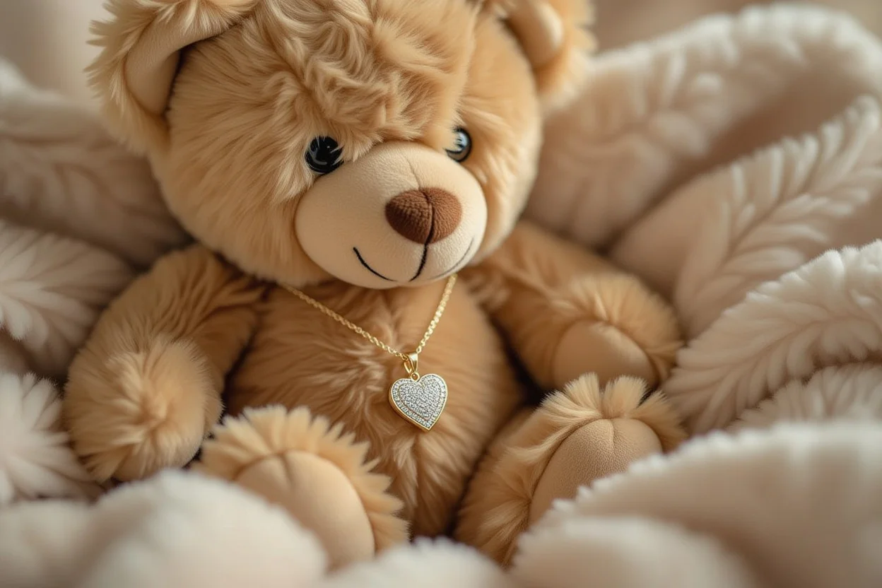 Close-up of hidden necklace inside teddy bear showing romantic surprise gift detail