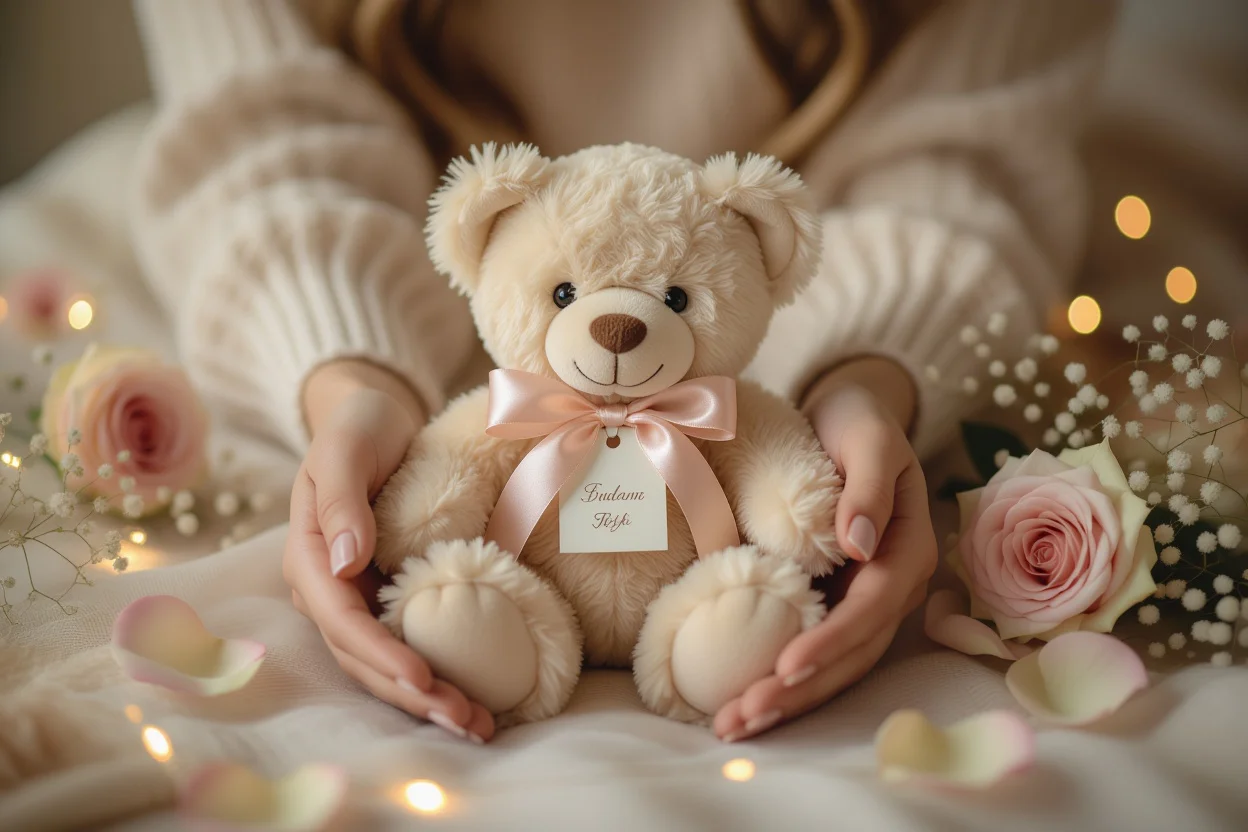 Luxury teddy bear romantic gift with ribbon and preserved flowers