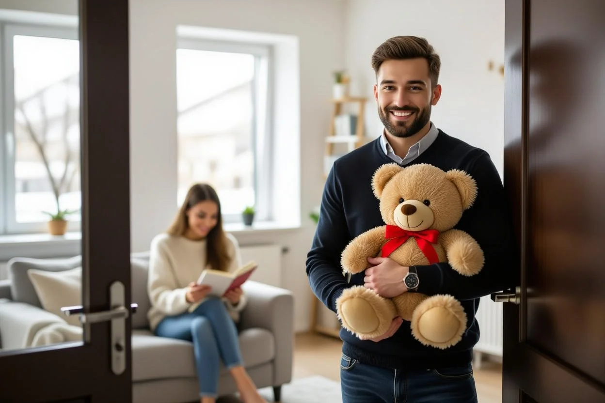 Man surprising girlfriend with teddy bear gift in cozy home setting