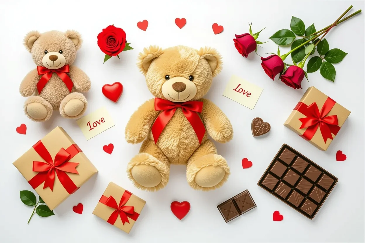 Romantic teddy bear gift collection with roses and love notes flat lay