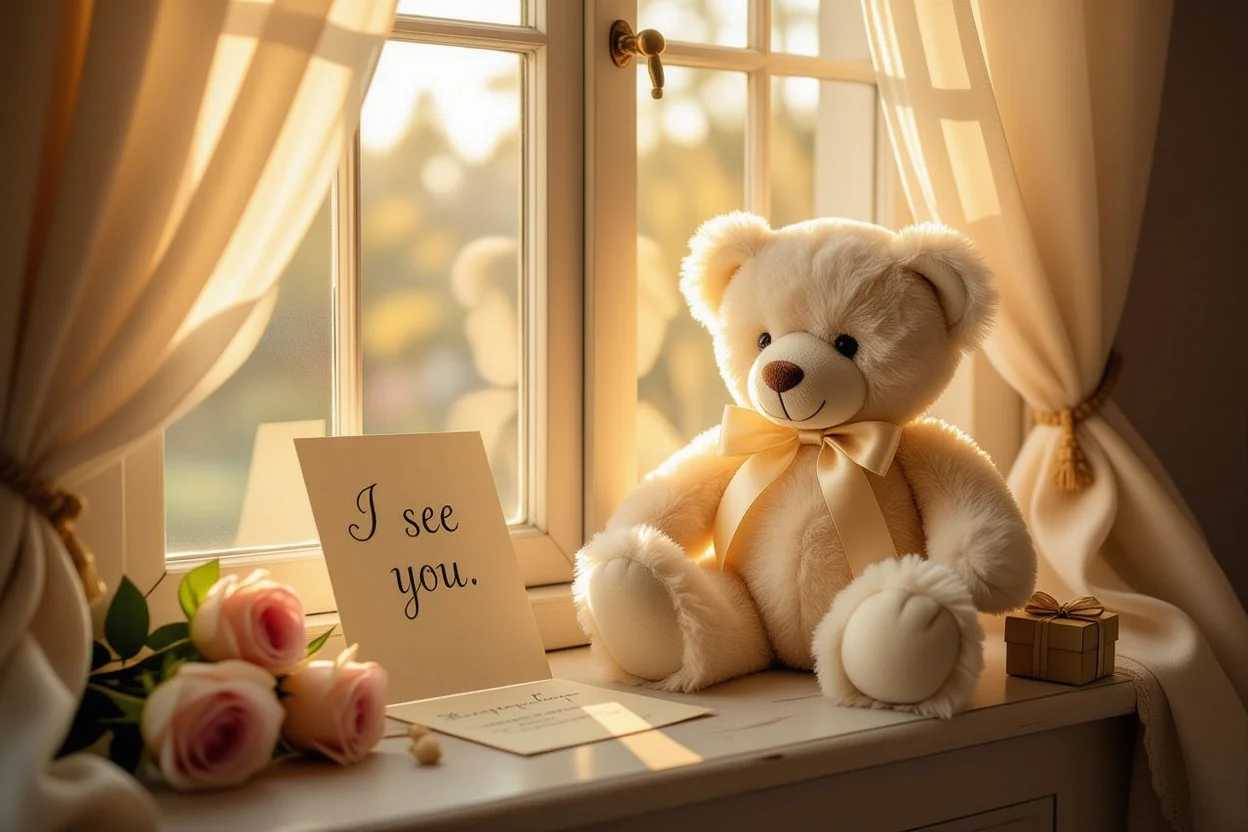 Romantic teddy bear gift with handwritten love note and roses in warm natural lighting