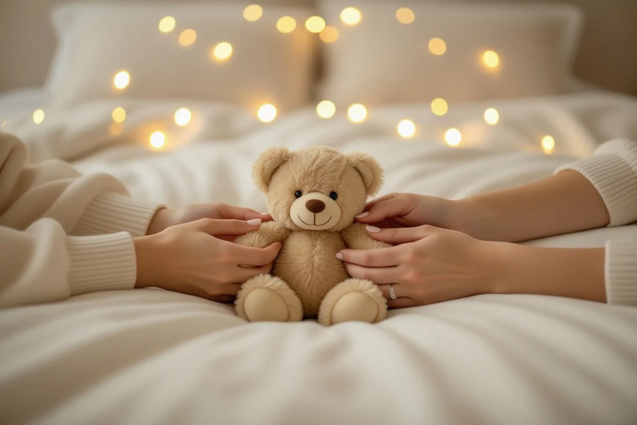 Couple sharing intimate moment with romantic teddy bear gift in cozy bedroom setting