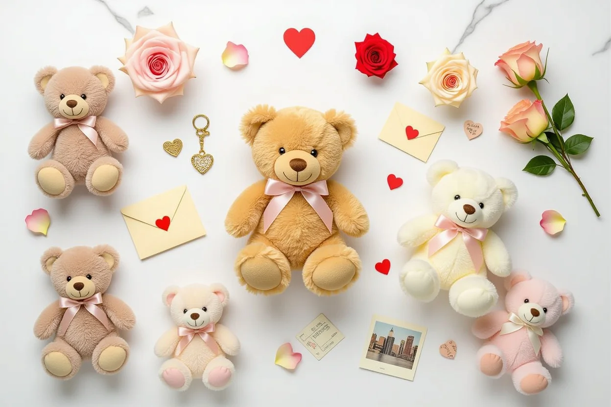 Romantic teddy bear gift collection with preserved flowers and memory keepsakes flat lay arrangement