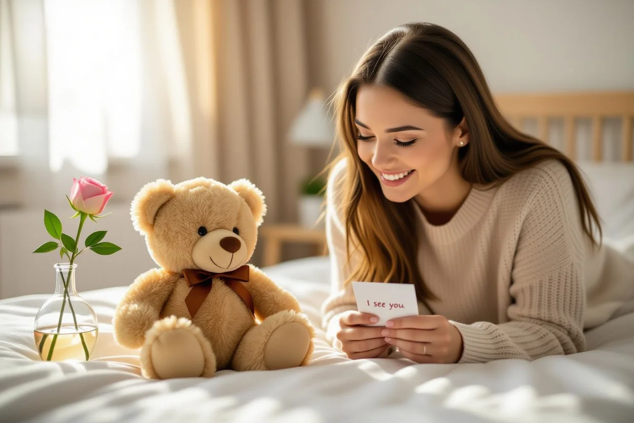 Woman discovering surprise romantic teddy bear gift with genuine joy and emotional reaction