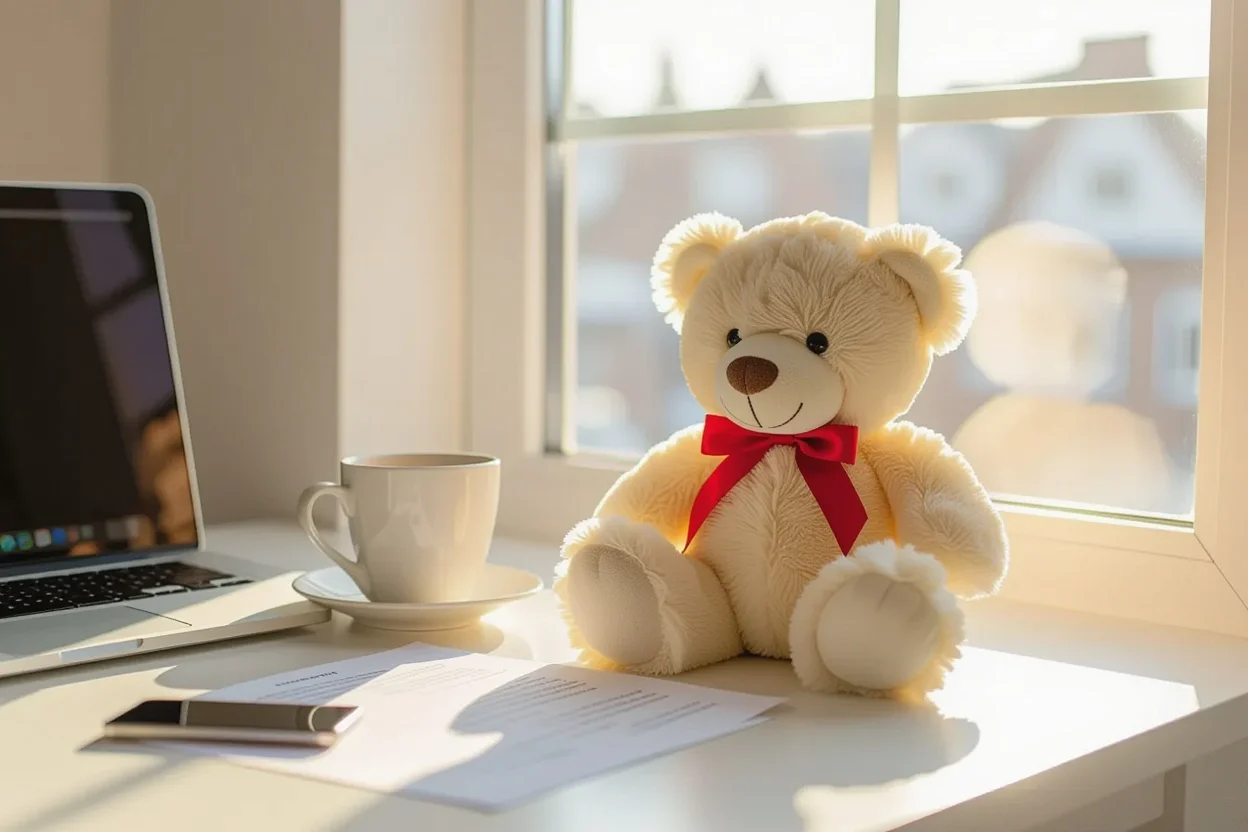 Cute teddy bear gift on office desk brightening ordinary workday