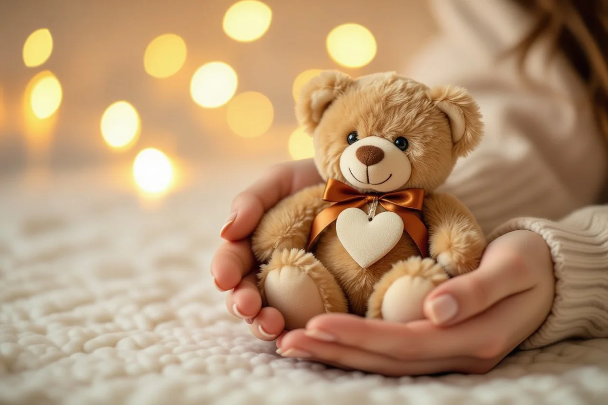 Romantic teddy bear gift being given as everyday surprise present