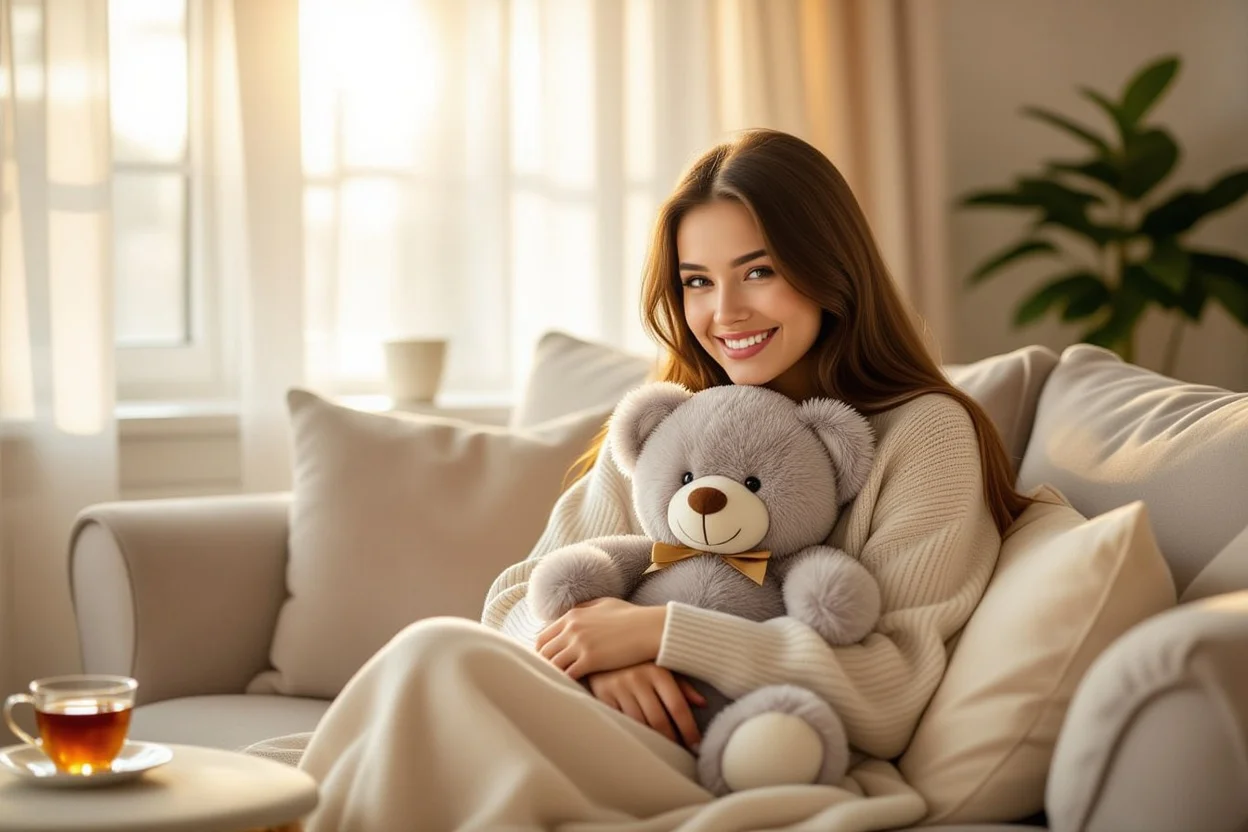 Woman enjoying teddy bear gift on cozy afternoon at home
