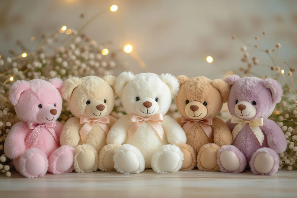 Collection of romantic teddy bear gifts with flowers and fairy lights