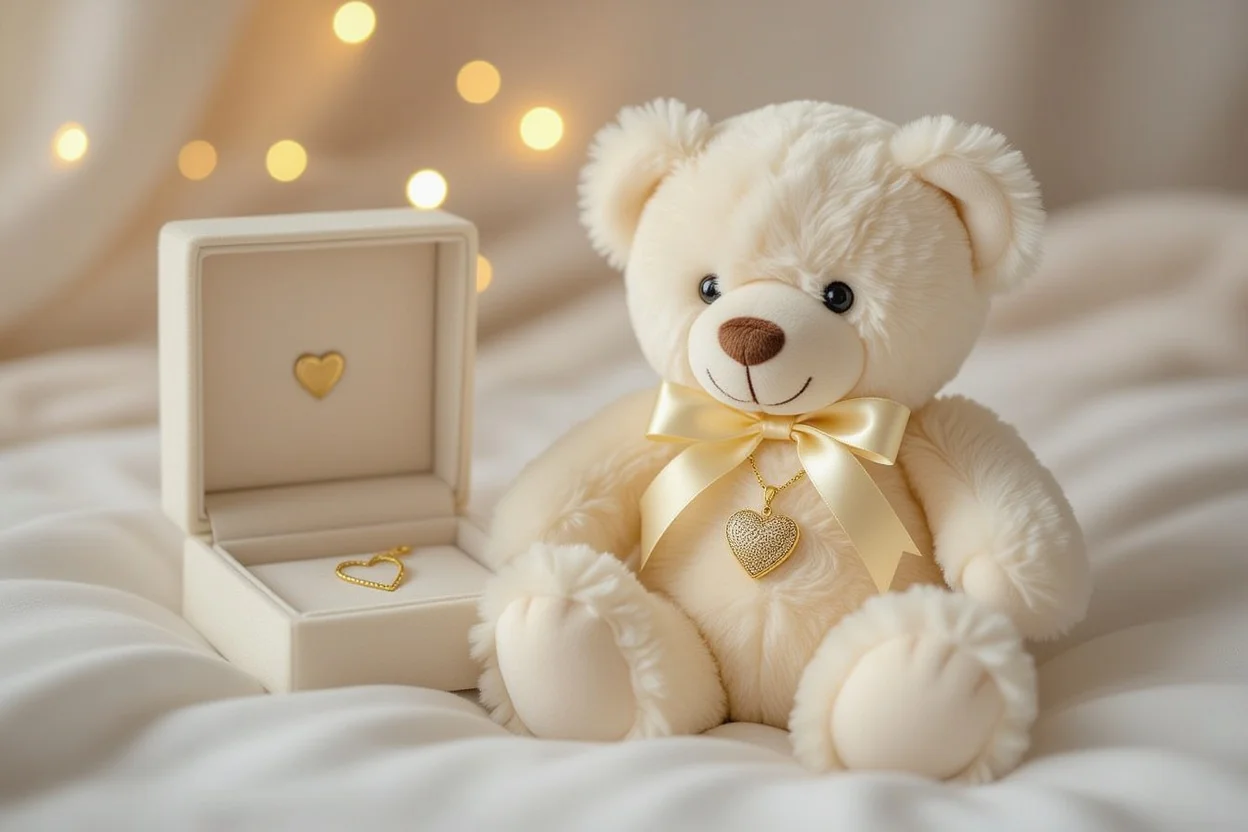 Romantic teddy bear gift with hidden heart necklace surprise for Valentine's Day