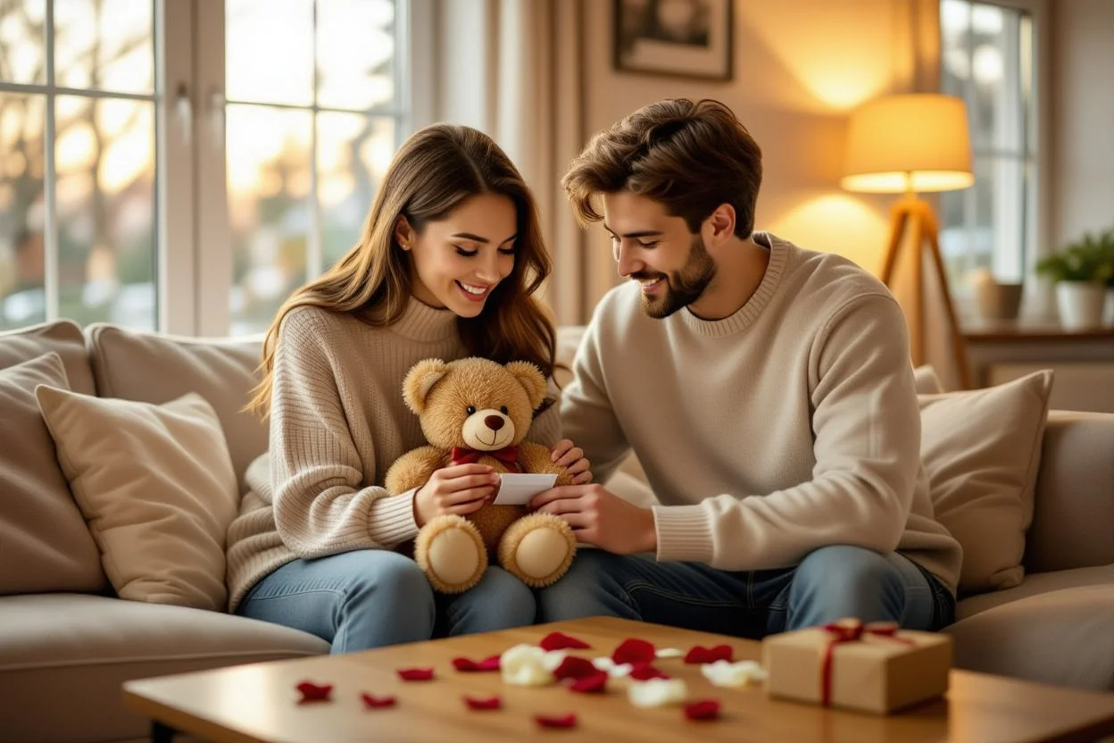 Couple sharing romantic gift moment with surprise teddy bear necklace reveal