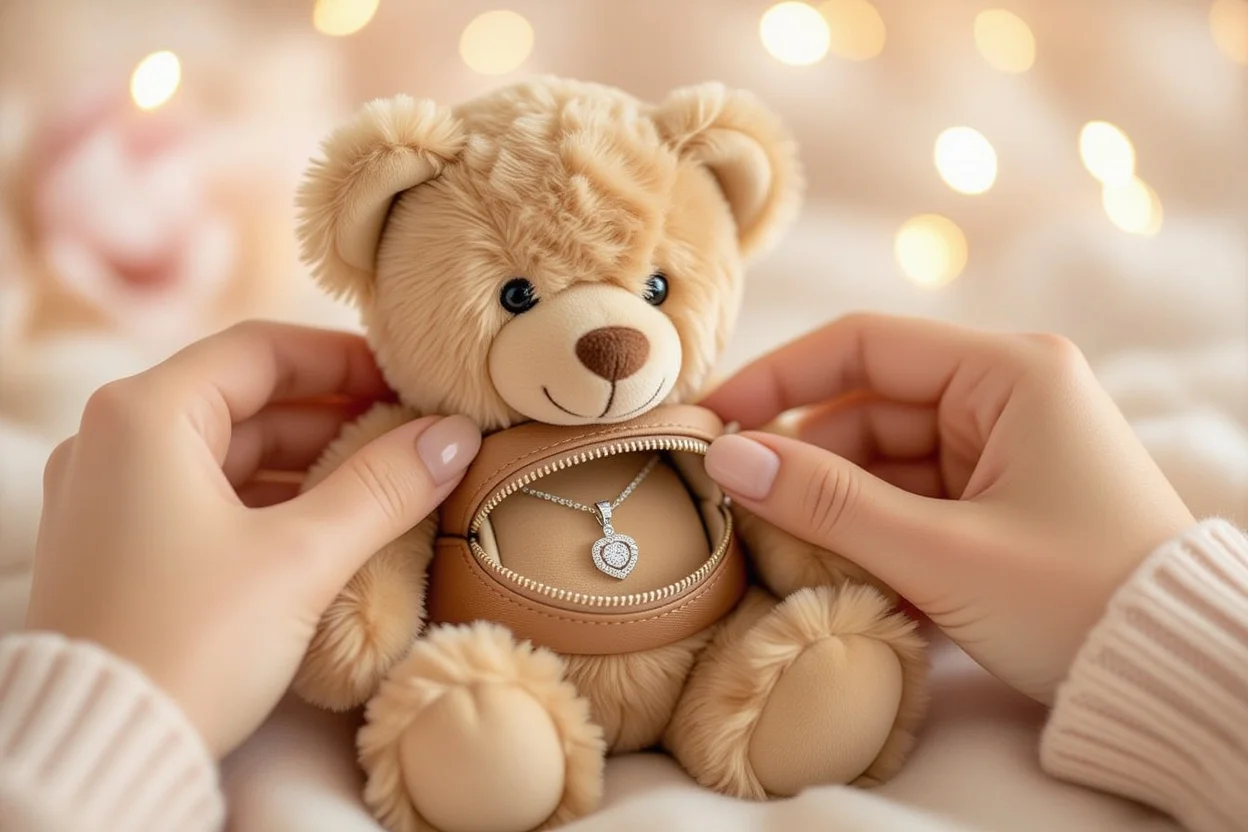 Close-up of hands revealing hidden necklace surprise inside romantic teddy bear gift