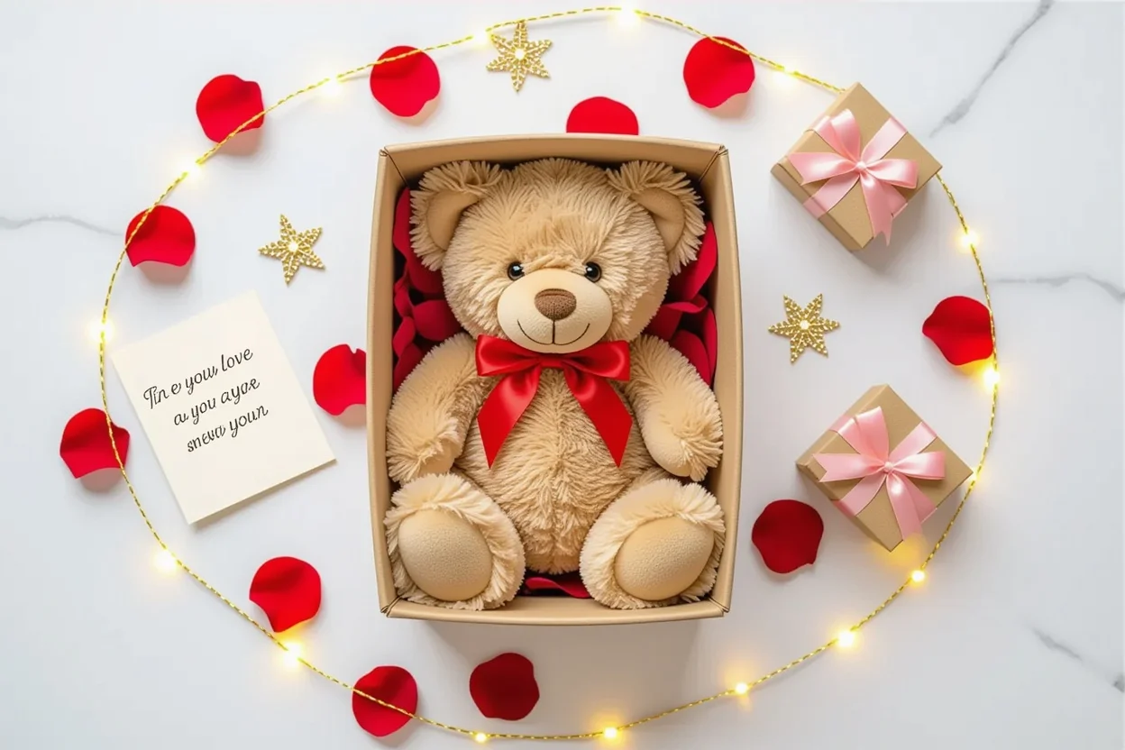 Romantic gift flat lay with teddy bear necklace surprise and Valentine's Day decorations