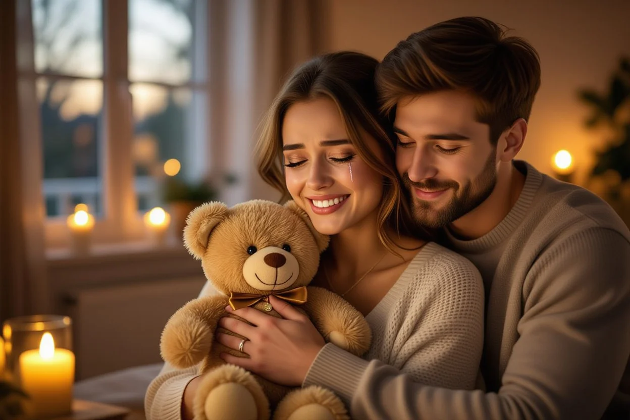 Woman crying happy tears receiving romantic teddy bear gift with hidden necklace from boyfriend