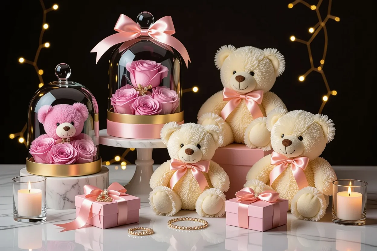 Romantic gifts collection with teddy bears preserved flowers and jewelry for Valentine's Day