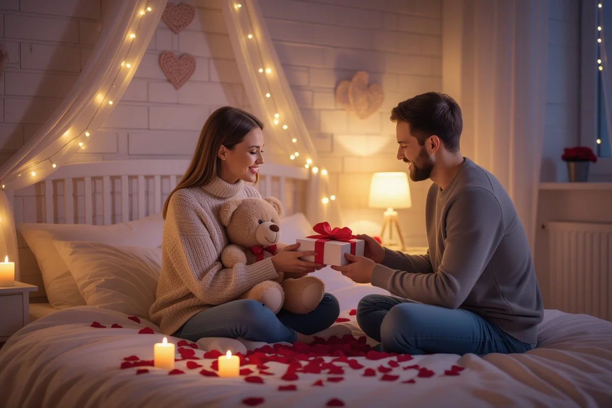 Couple reconciling with romantic teddy bear gift healing relationship after argument