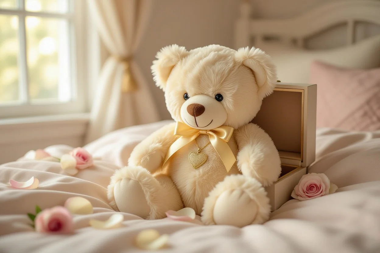 Teddy bear with hidden necklace surprise gift being revealed on cozy bed