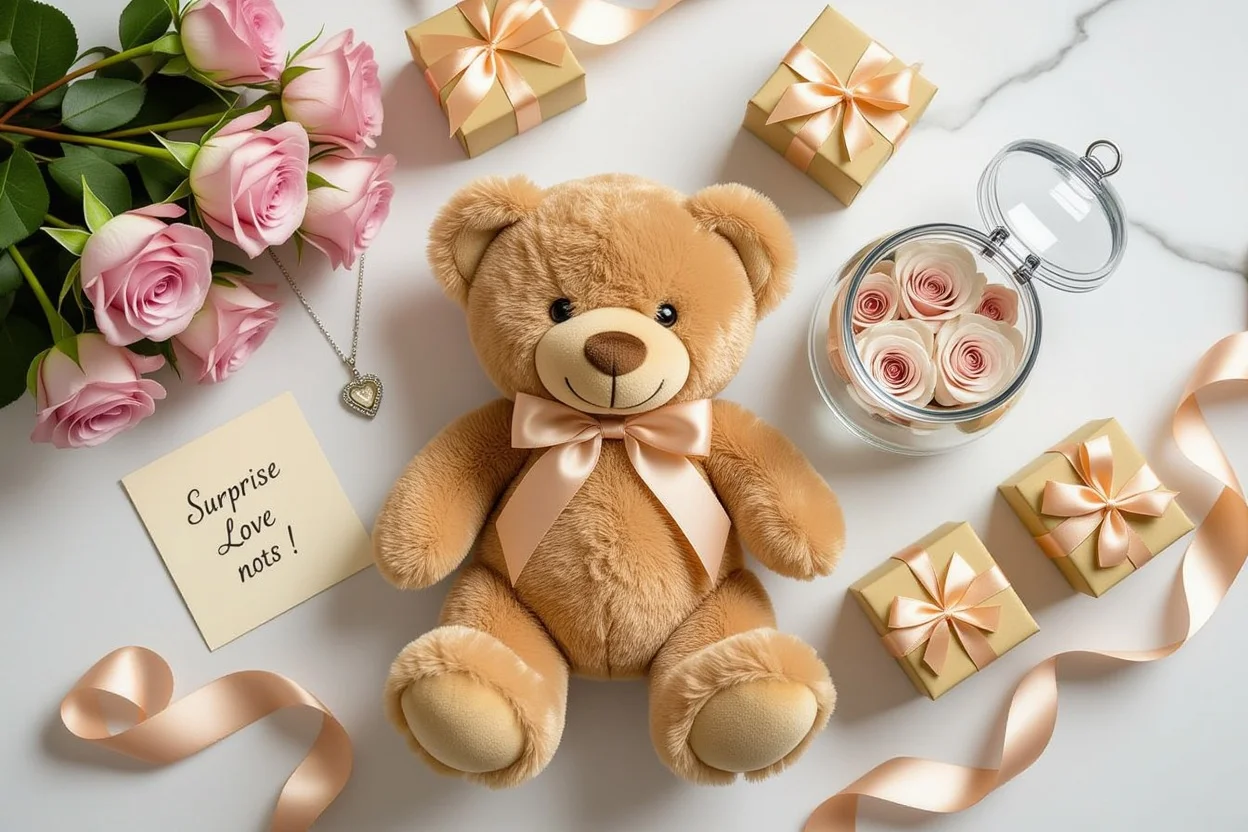 Romantic gifts flat lay with teddy bear and hidden jewelry surprises