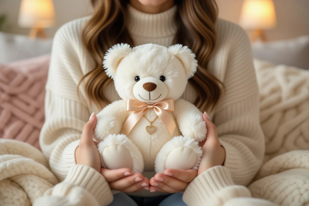 Woman discovering hidden necklace surprise in teddy bear gift