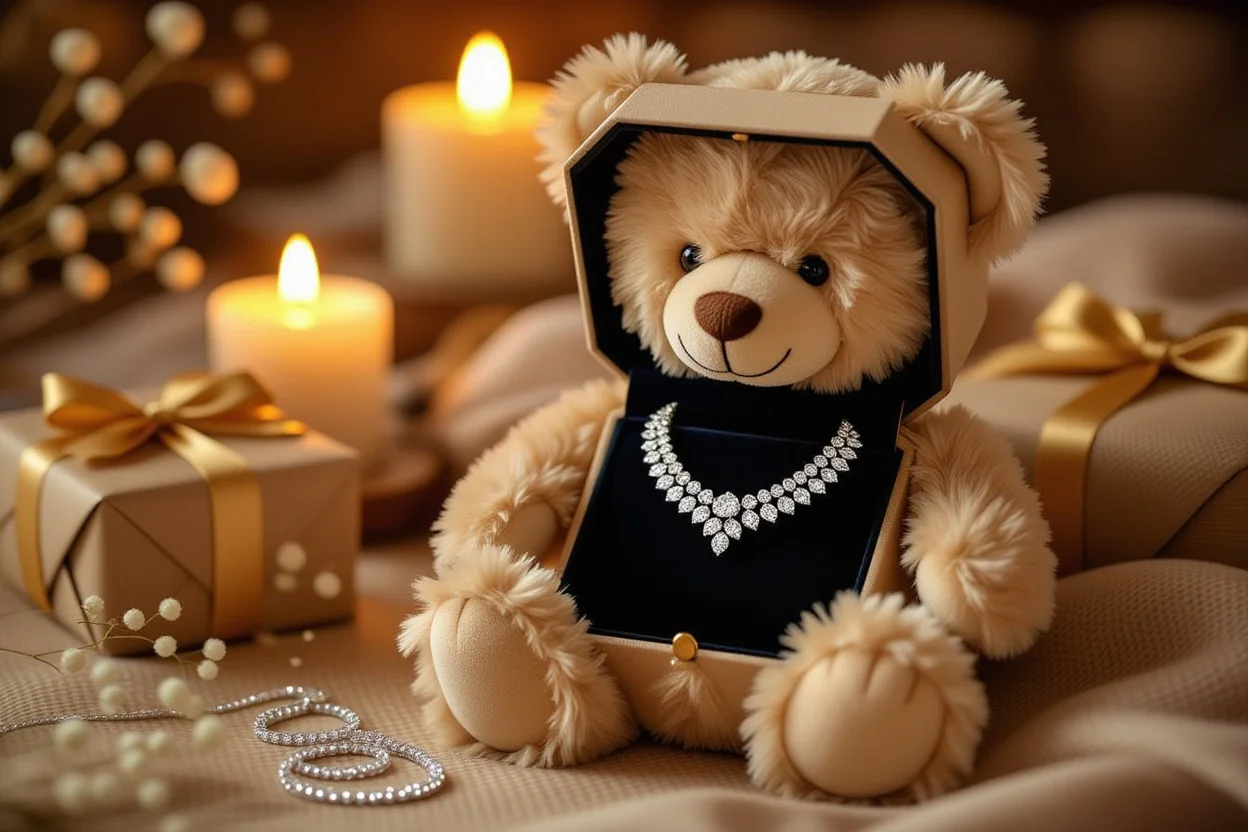 Close-up of teddy bear's hidden compartment revealing diamond necklace surprise