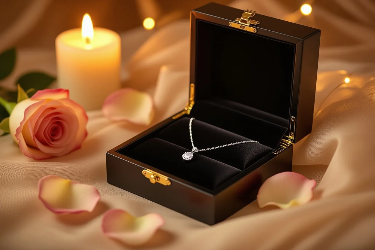 Romantic surprise gift box with hidden necklace compartment and rose petals