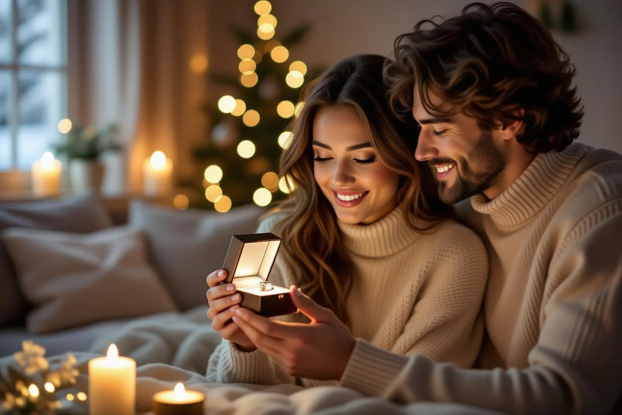 Couple sharing romantic gift-giving moment with jewelry box surprise