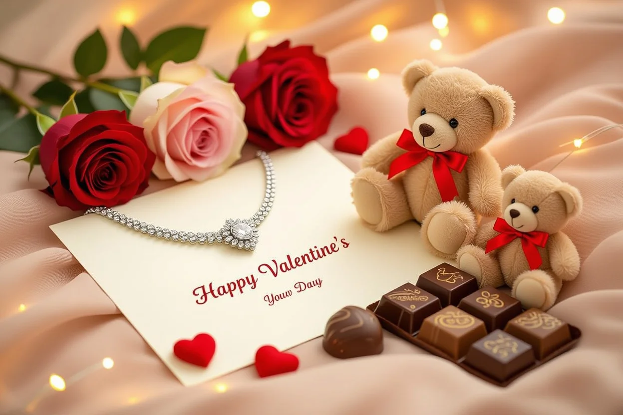 Romantic gift collection featuring necklace, preserved roses, and teddy bear