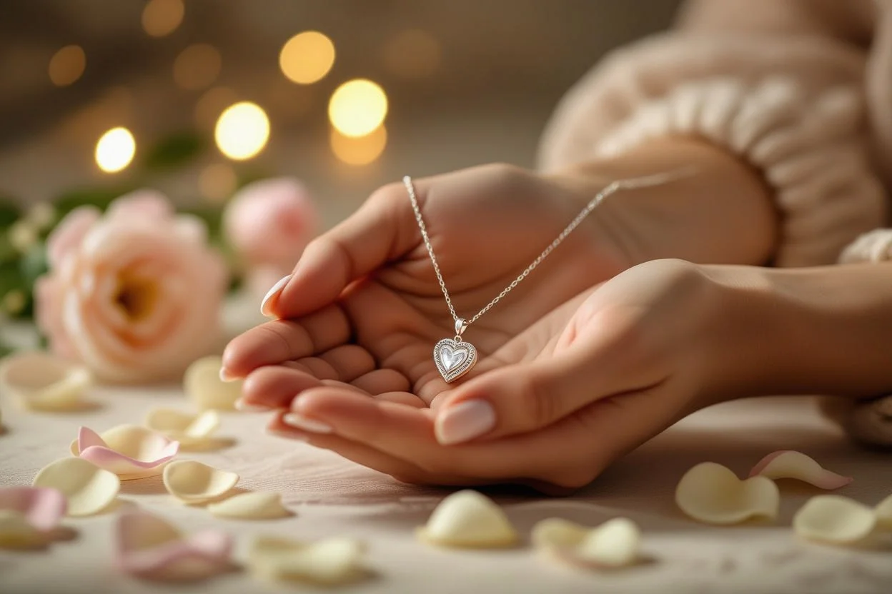 Hands holding romantic necklace gift with soft romantic lighting and flower petals
