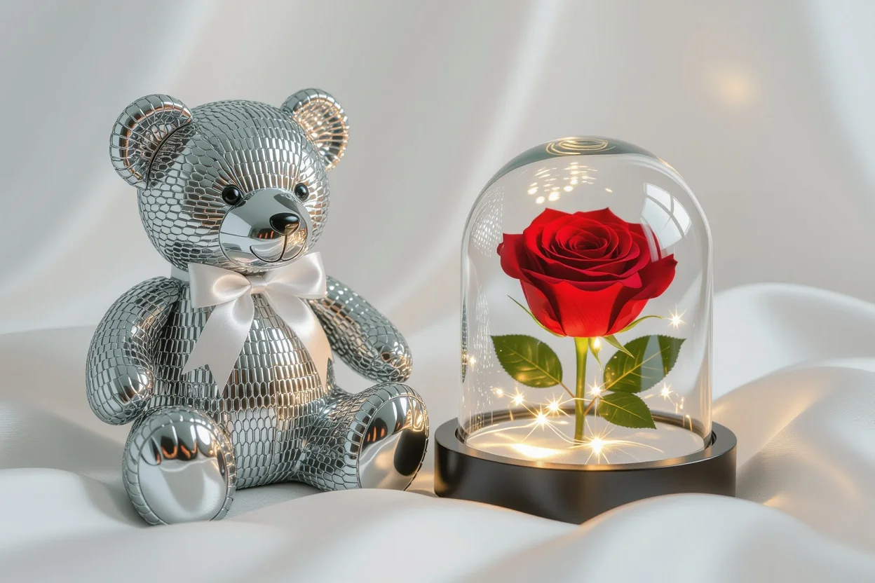 Elegant metallic teddy bear with preserved rose in glass dome - romantic surprise gift 2024