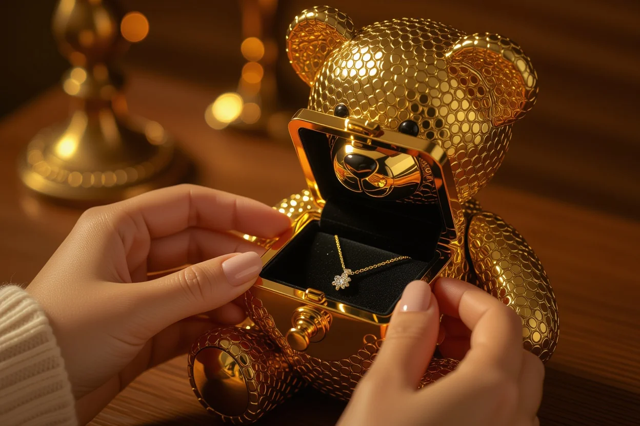 Hidden compartment opening in teddy bear revealing gold necklace surprise - romantic gift with secret jewelry