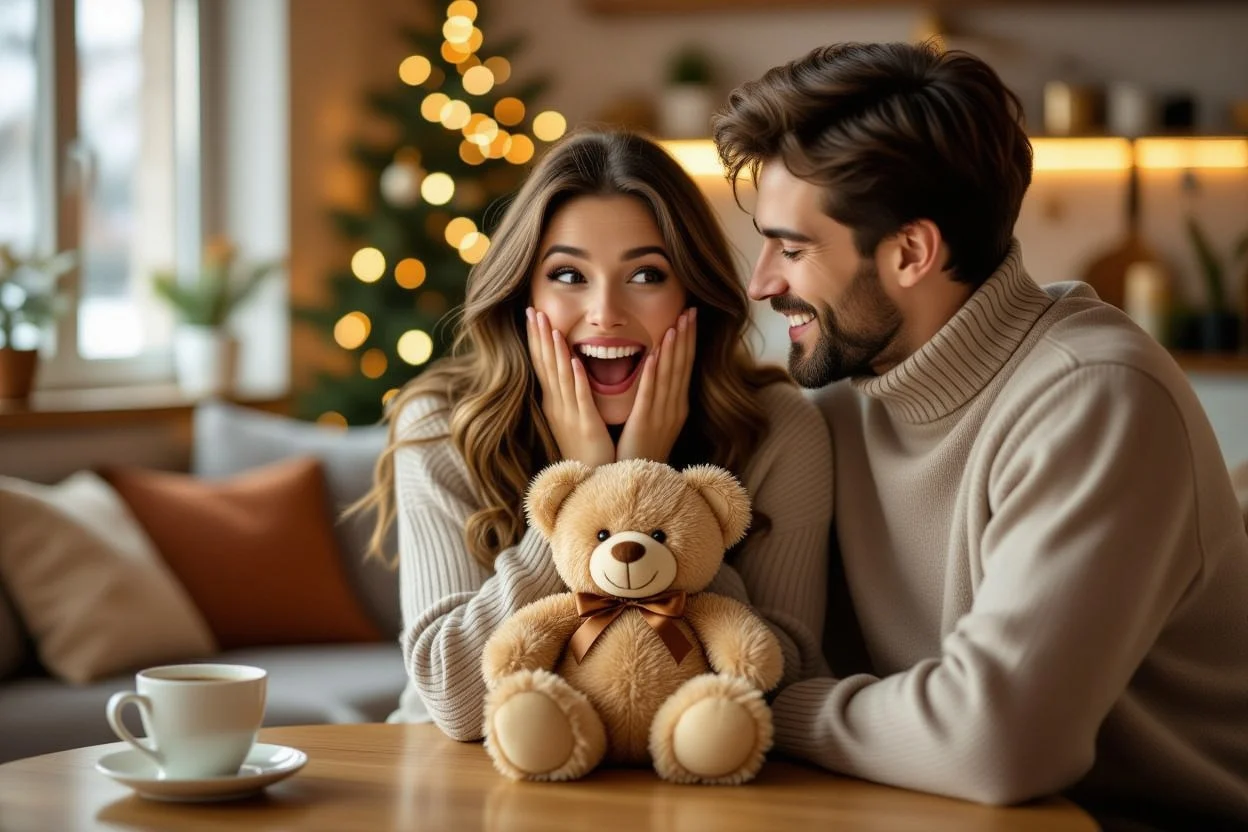 Woman surprised by romantic teddy bear gift from partner - emotional gift giving moment
