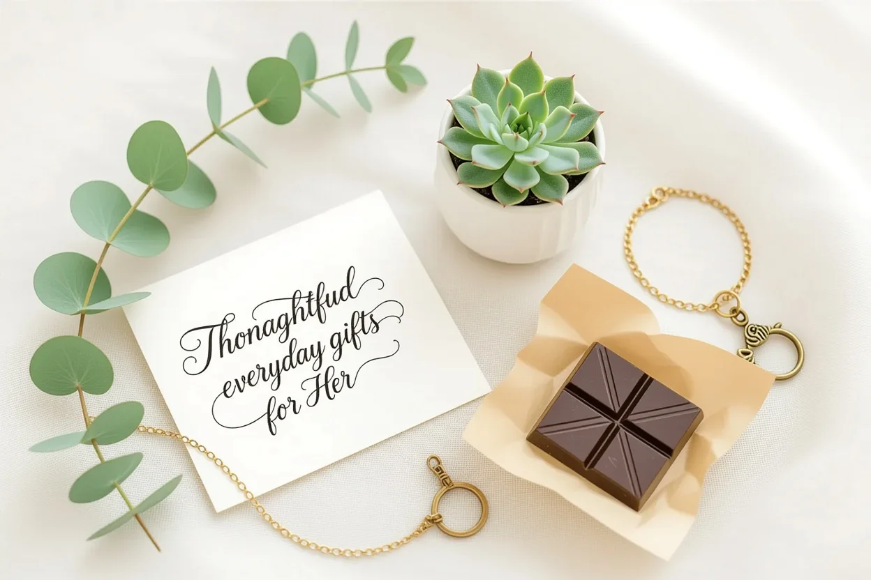 Thoughtful surprise gifts for her arranged on linen background - handwritten note, succulent plant, artisanal chocolate, and delicate jewelry