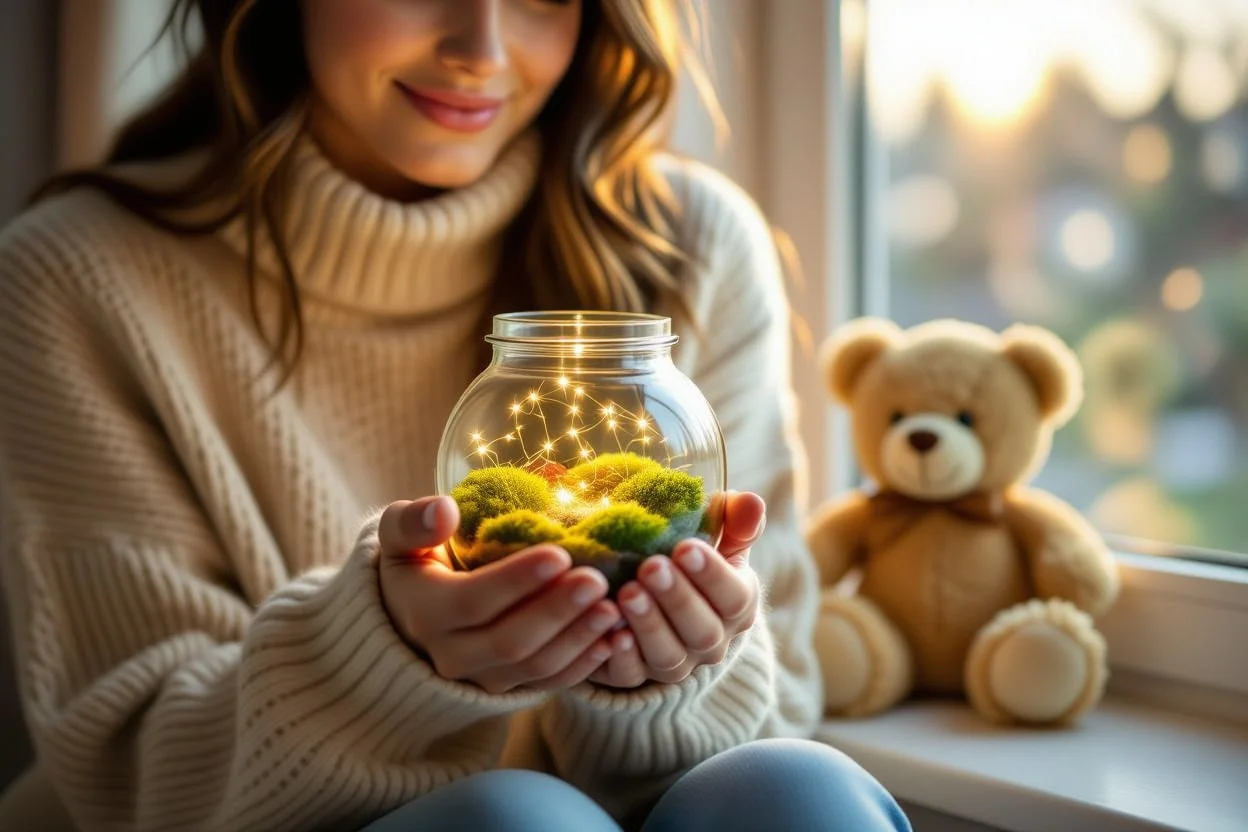 Woman receiving surprise terrarium gift with fairy lights, showing joy and connection through thoughtful romantic gifting