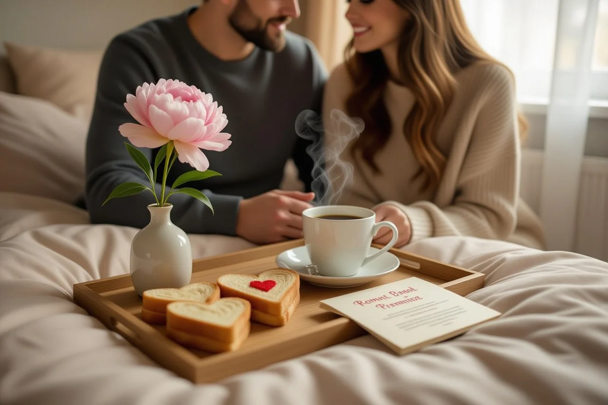 Romantic breakfast surprise with heart toast, fresh flower, and handmade coupon book showing everyday relationship magic