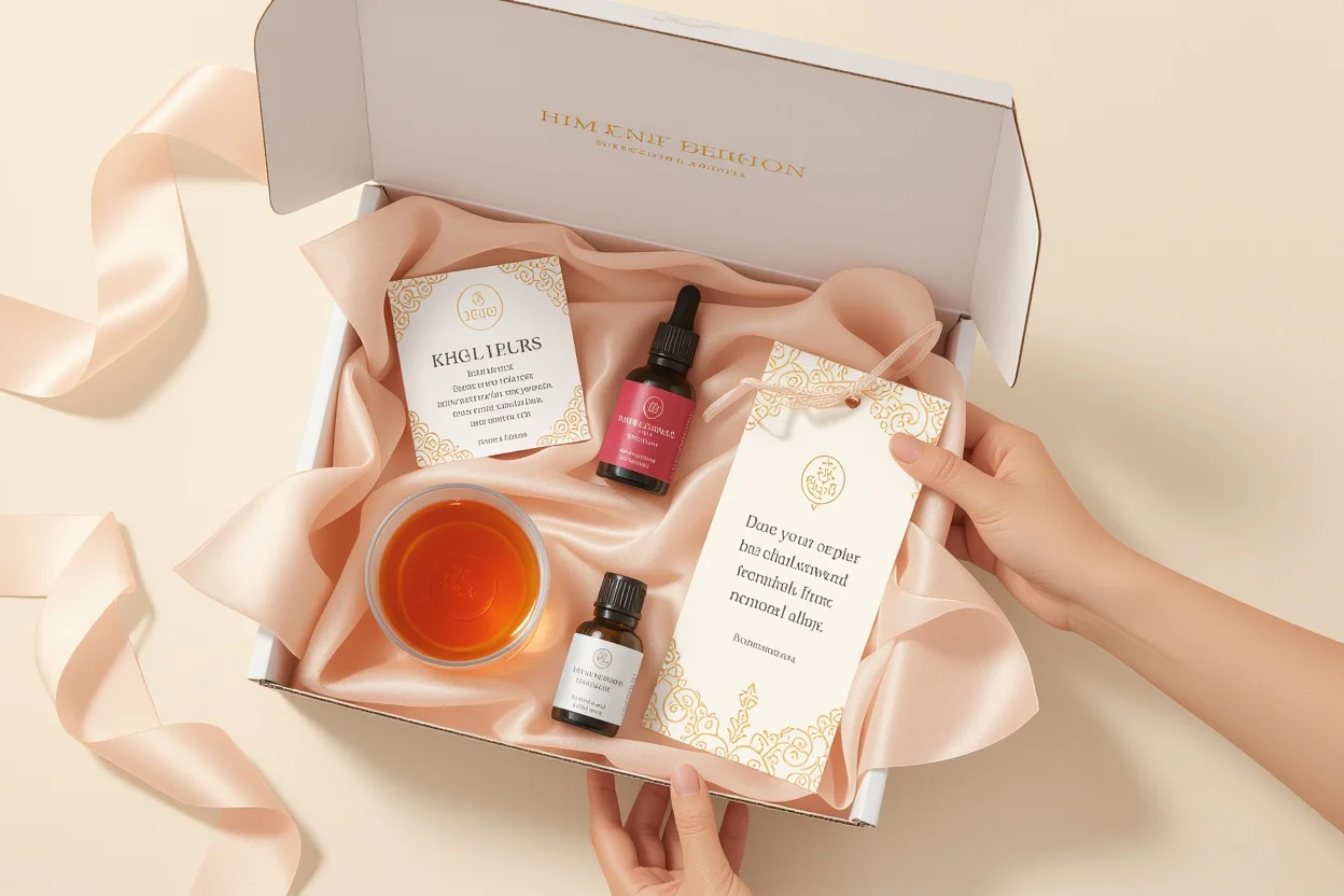 Subscription gift box with curated romantic items - specialty tea, silk sleep mask, essential oils - representing ongoing thoughtful surprises
