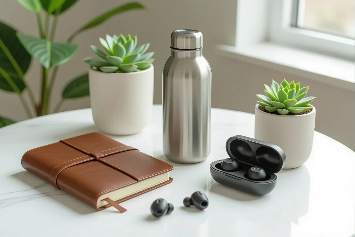 Practical and elegant gifts for women arranged on marble surface - lasting gifts that enhance daily life