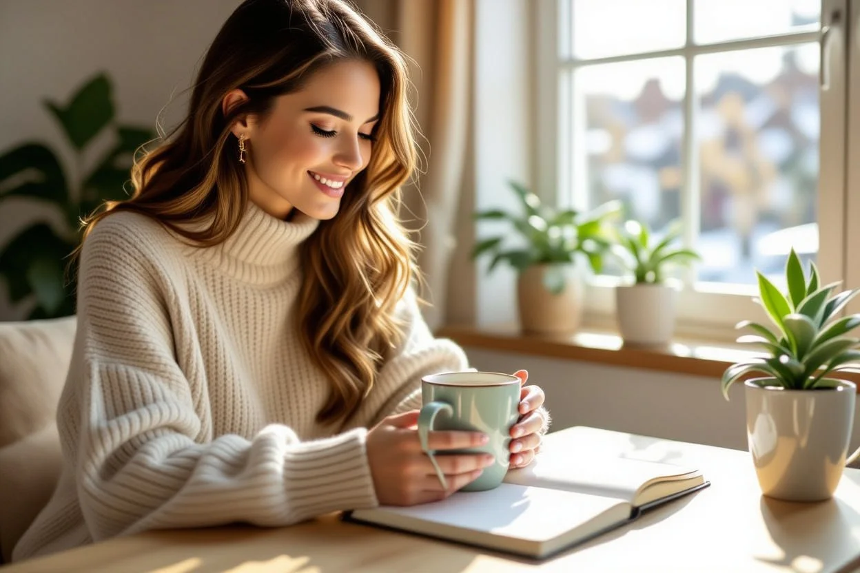 Woman enjoying morning routine with thoughtful practical gifts - coffee mug, planner, and cozy sweater