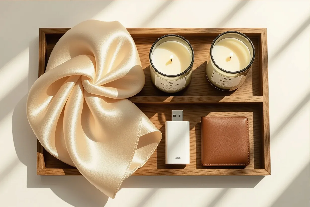 Curated collection of smart, lasting gifts including silk scarf, quality candle, and leather accessories