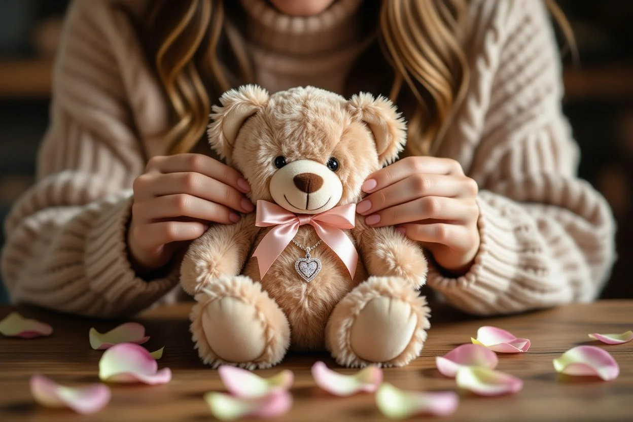 Woman discovering hidden necklace surprise inside teddy bear romantic gift