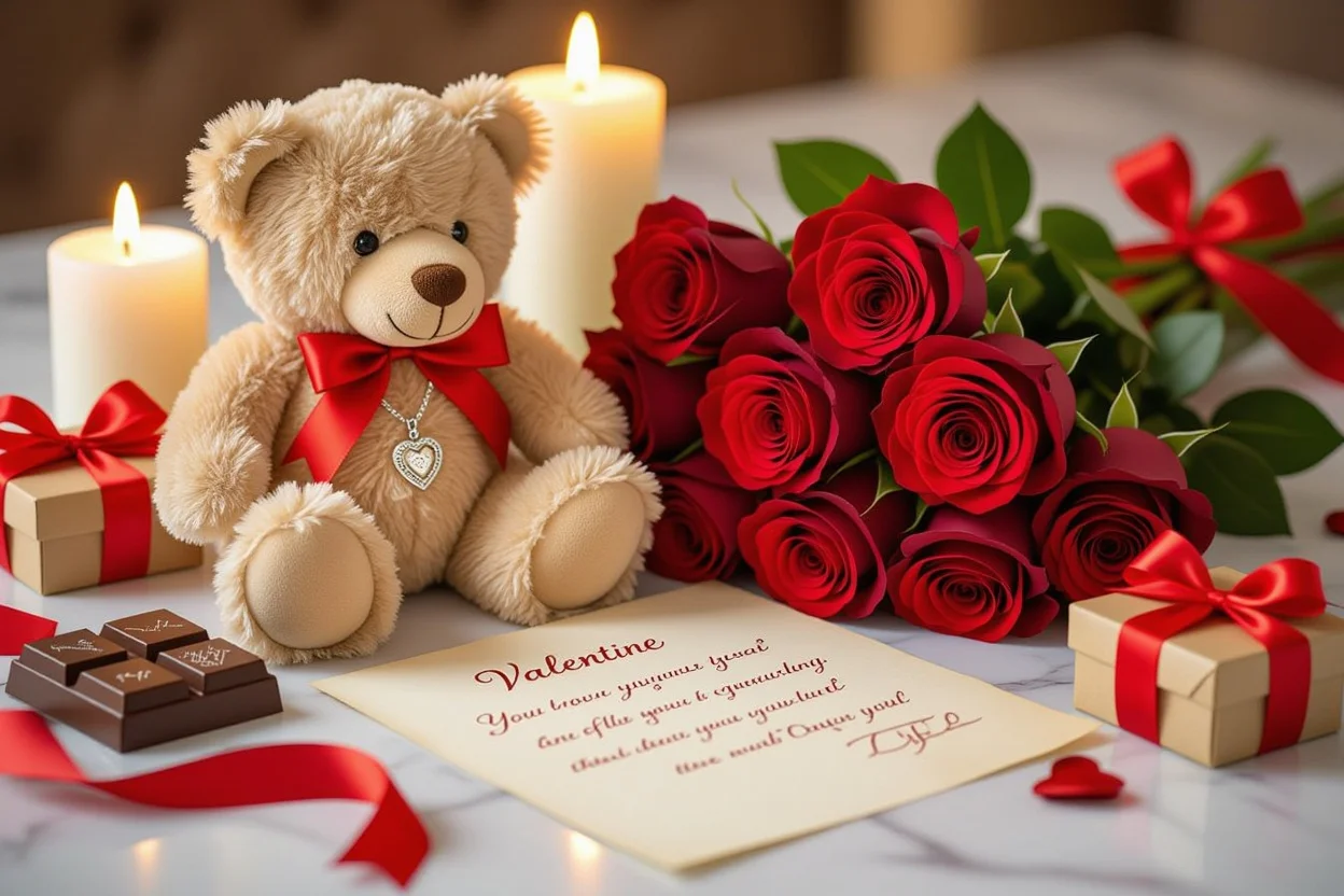 Romantic gift set with teddy bear necklace roses and chocolates for Valentine's Day
