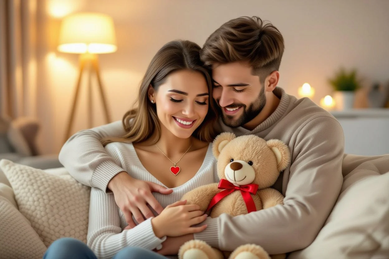 Happy couple reconciling with romantic teddy bear necklace surprise gift