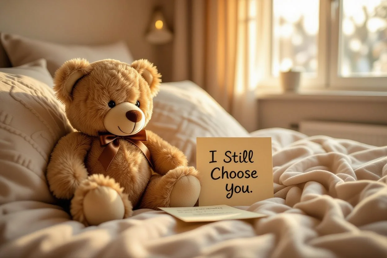 Mountova bear romantic gift on bed with I still choose you note for couples