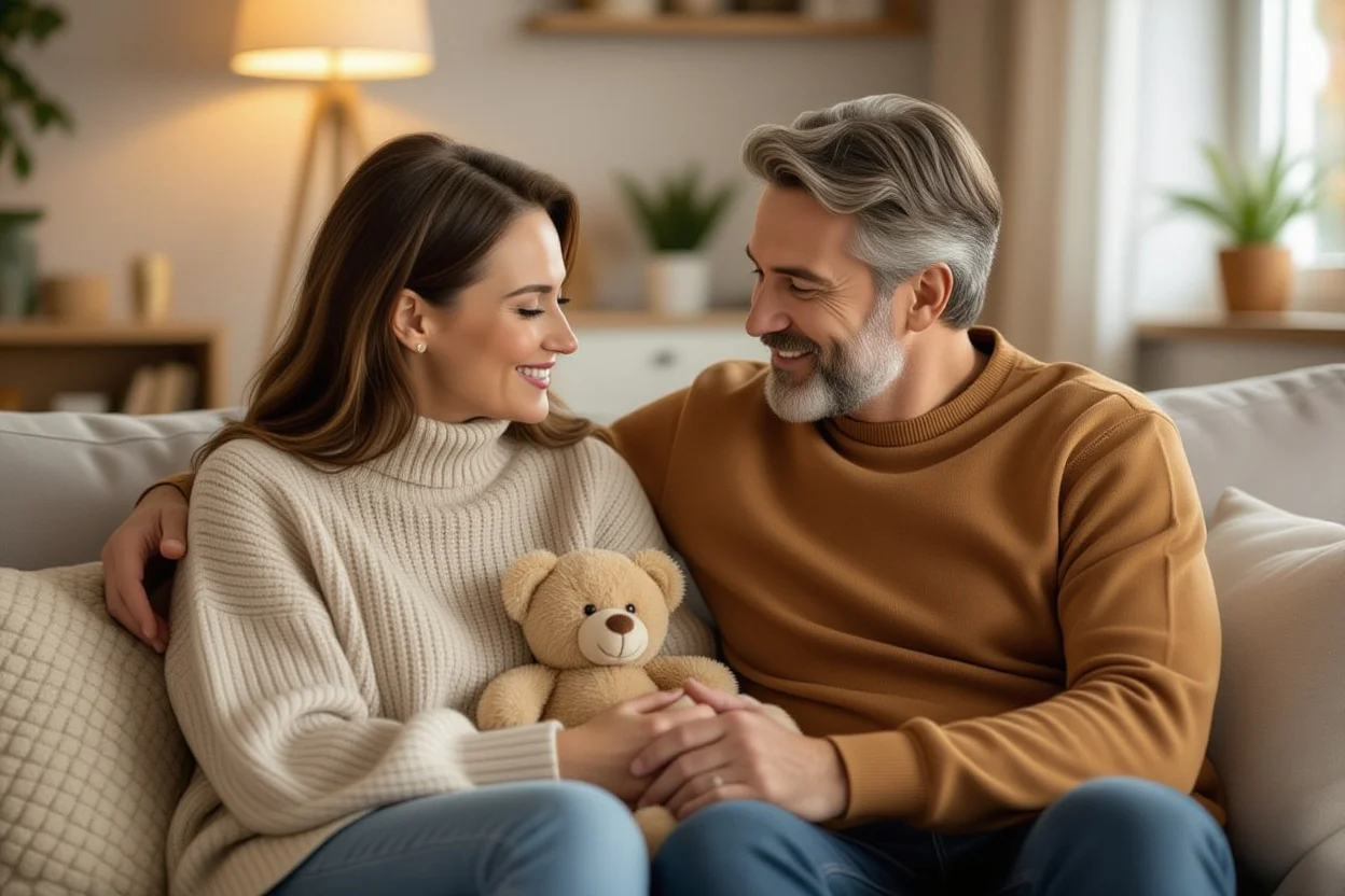 Long-term couple sharing intimate moment with romantic teddy bear gift at home