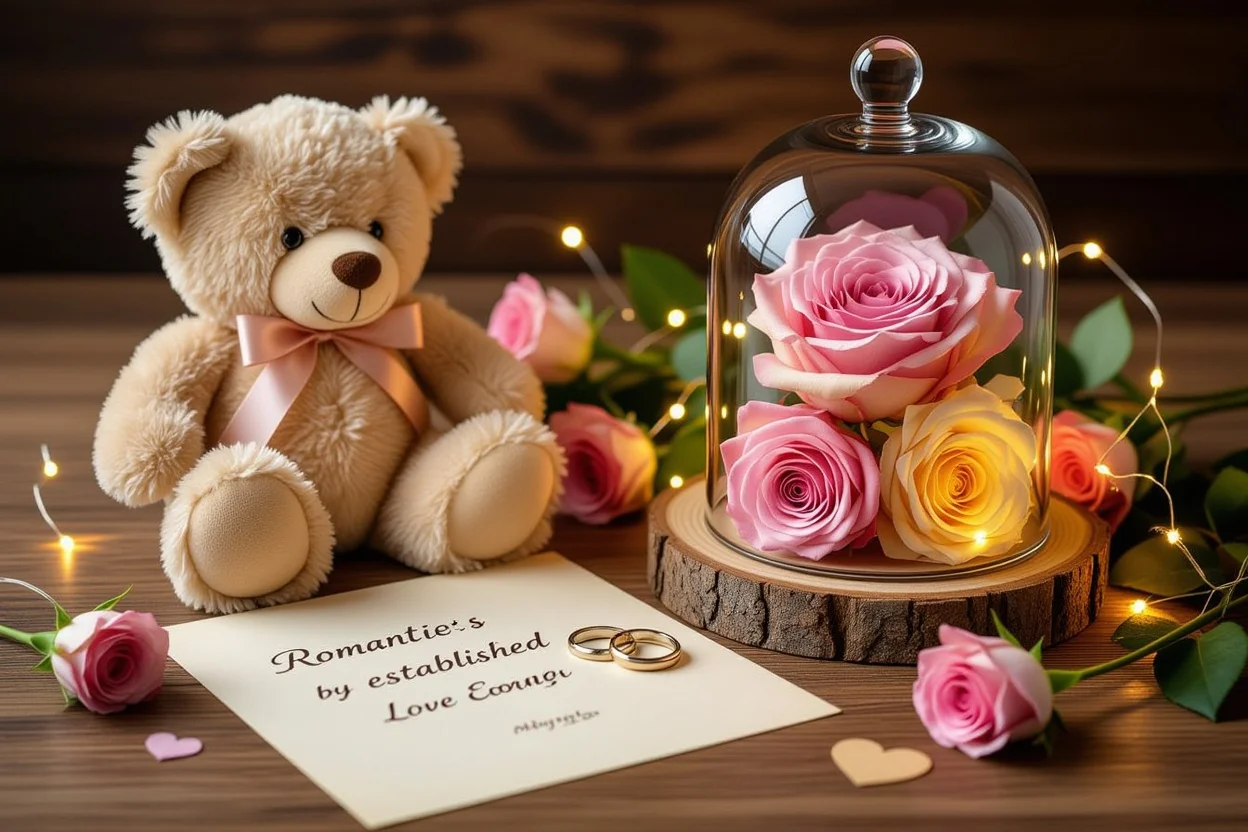Romantic gift collection for long-term relationships featuring teddy bear and preserved flowers
